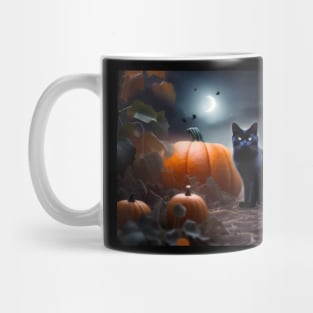 A sleek black cat in a pumpkin patch on Halloween night Mug